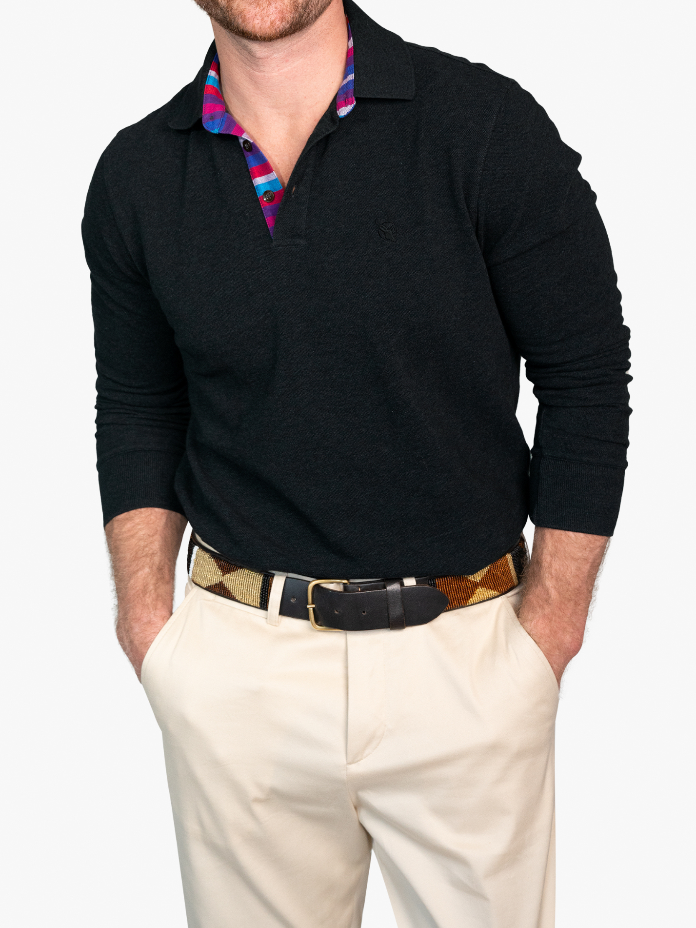 Kugawana Charcoal Long Sleeve Polo Shirt with Kenyan Kikoy Detailing