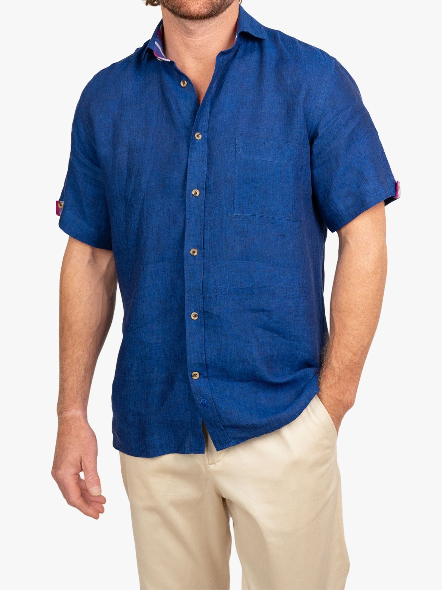 Short Sleeve Navy Linen Shirt