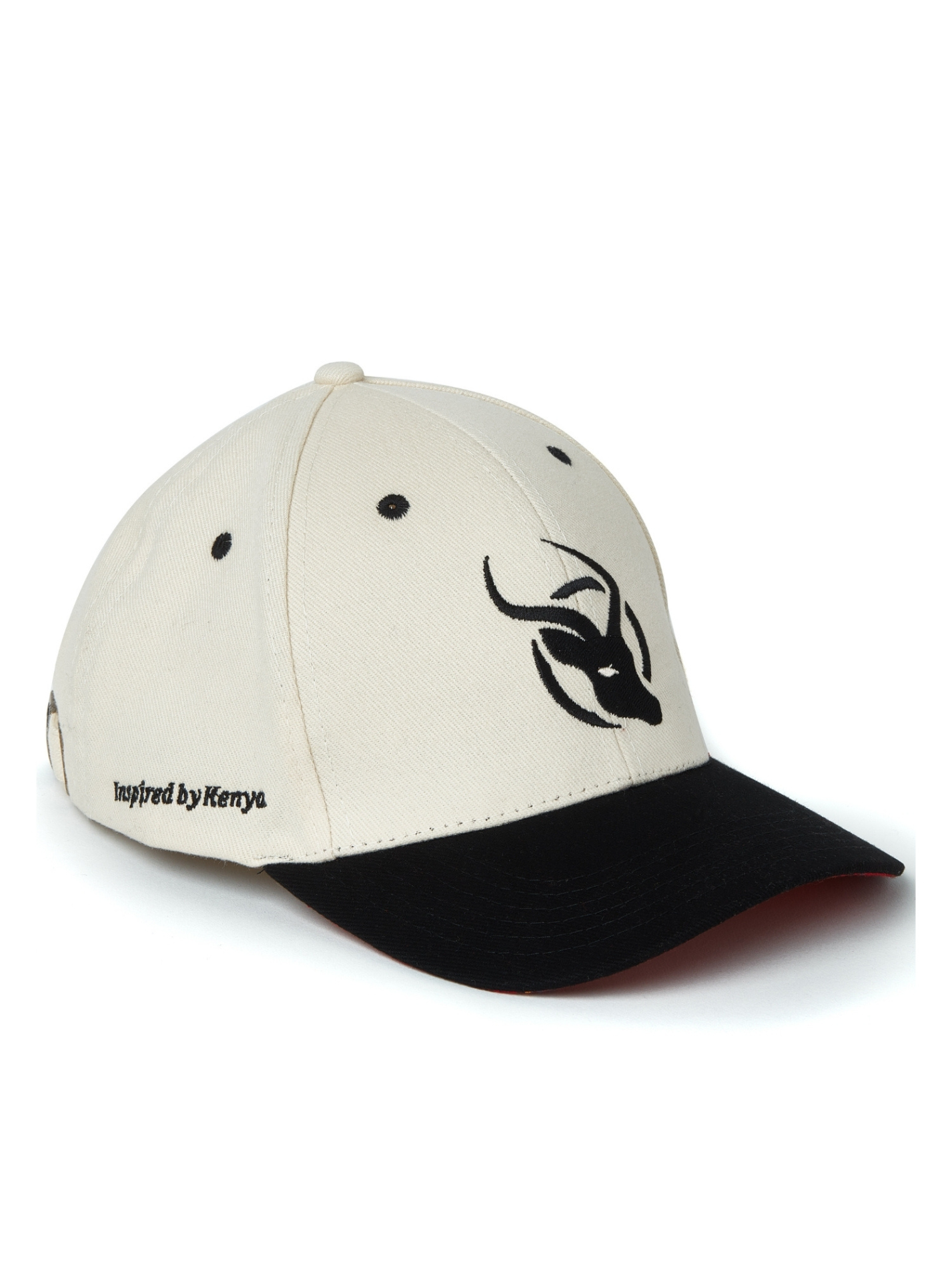 Safari Beige Cotton Cap - Maasai-Red striped Kenyan Kikoy fabric detailing under the peak - Traditional baseball style cap made from durable washed cotton twill - Signature impala head logo embroidery and embossed buckle