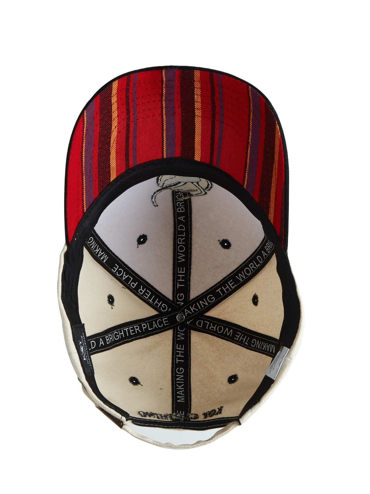 Safari Beige Cotton Cap - Maasai-Red striped Kenyan Kikoy fabric detailing under the peak - Traditional baseball style cap made from durable washed cotton twill - Signature impala head logo embroidery and embossed buckle