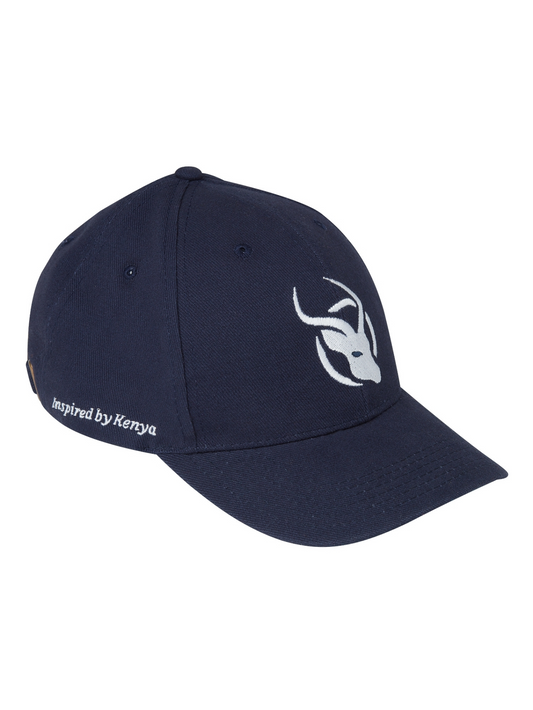 Navy Cotton Cap Turquoise-blue striped Kenyan Kikoy fabric detailing under the peak Traditional baseball style cap made from durable washed cotton twill Signature impala head logo embroidery and embossed buckle