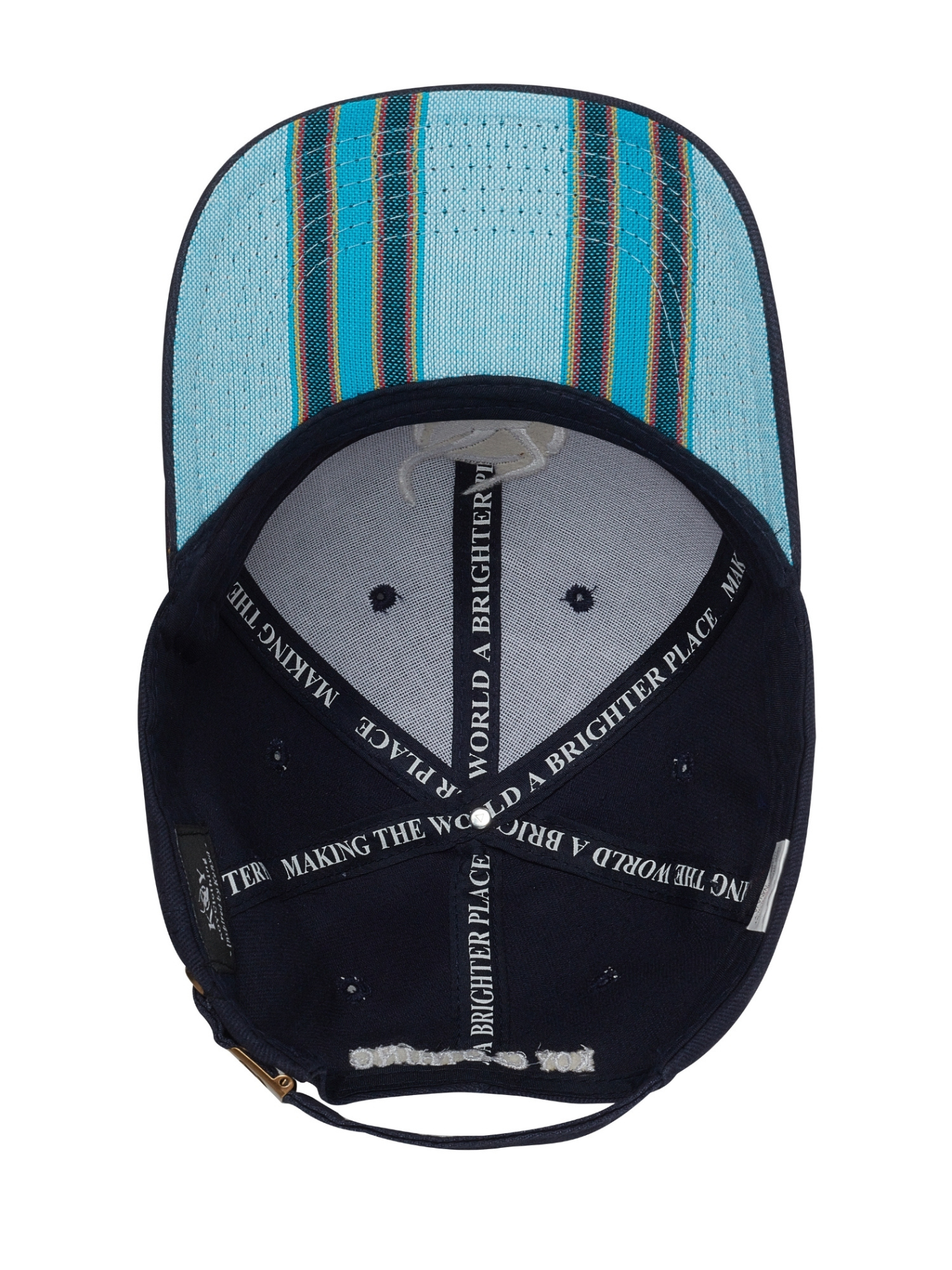 Navy Cotton Cap Turquoise-blue striped Kenyan Kikoy fabric detailing under the peak Traditional baseball style cap made from durable washed cotton twill Signature impala head logo embroidery and embossed buckle